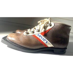 Arvios Vintage Leather Ski Boots Made In Norway With Red & White Accents Size 38